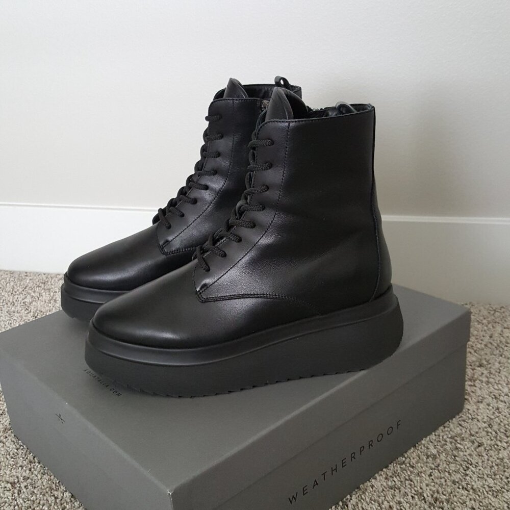 Aquatalia Ornella Boot 9.5 Platform Black Leather Weatherproof Moto Combat Lace - Picture 4 of 15